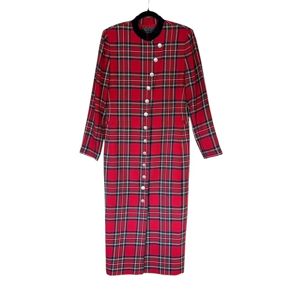 Vintage Red Tartan Plaid Shirt Dress Size 10 Velvet Collar Maxi Gold Buttons